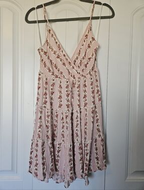 Promesa Pink Striped Floral Tiered Wrap Dress Large